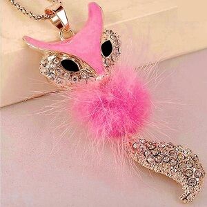Fox Pink & Yellow Gold Enamel, Crystal, & Fluffy Articulating Necklace